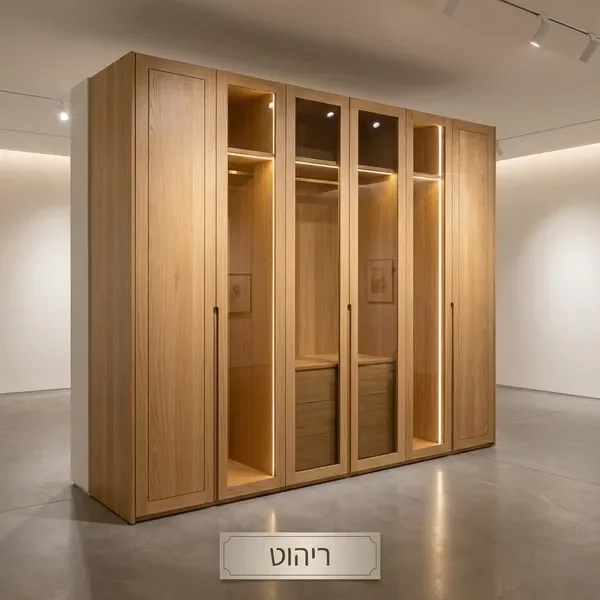ארון בגדים 6 דלתות מעץ אלון עם פאנלי זכוכית
